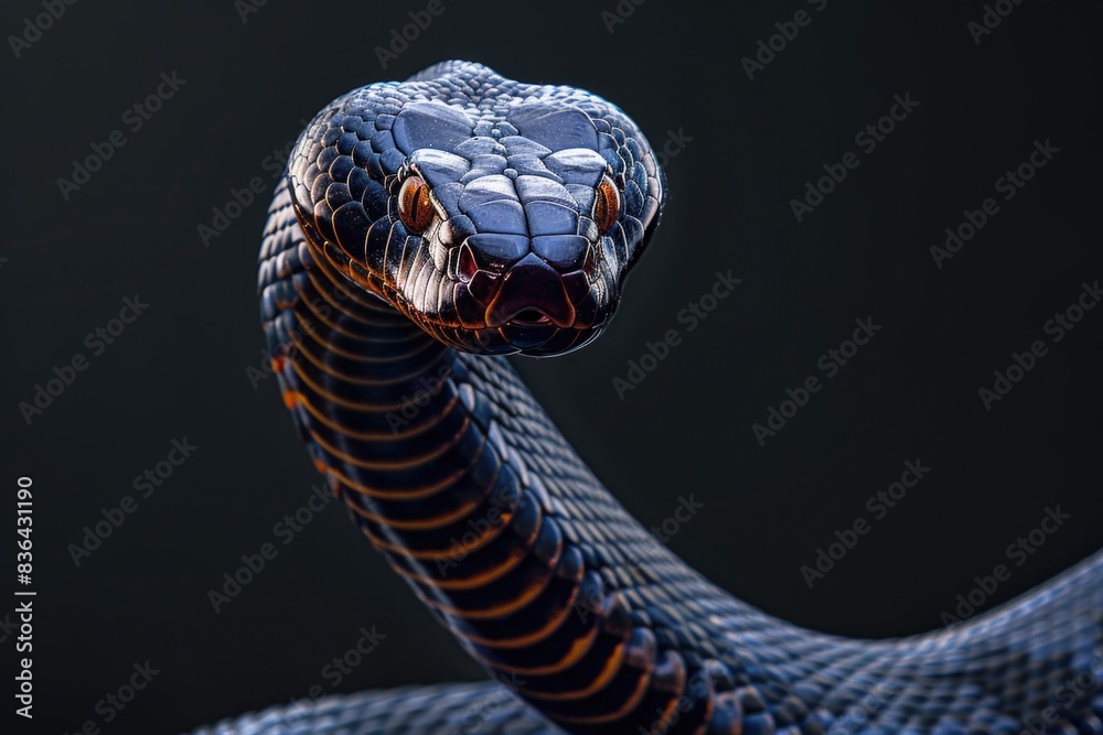 Poster a close-up shot of a snake on a black background, suitable for use in scientific or educational cont