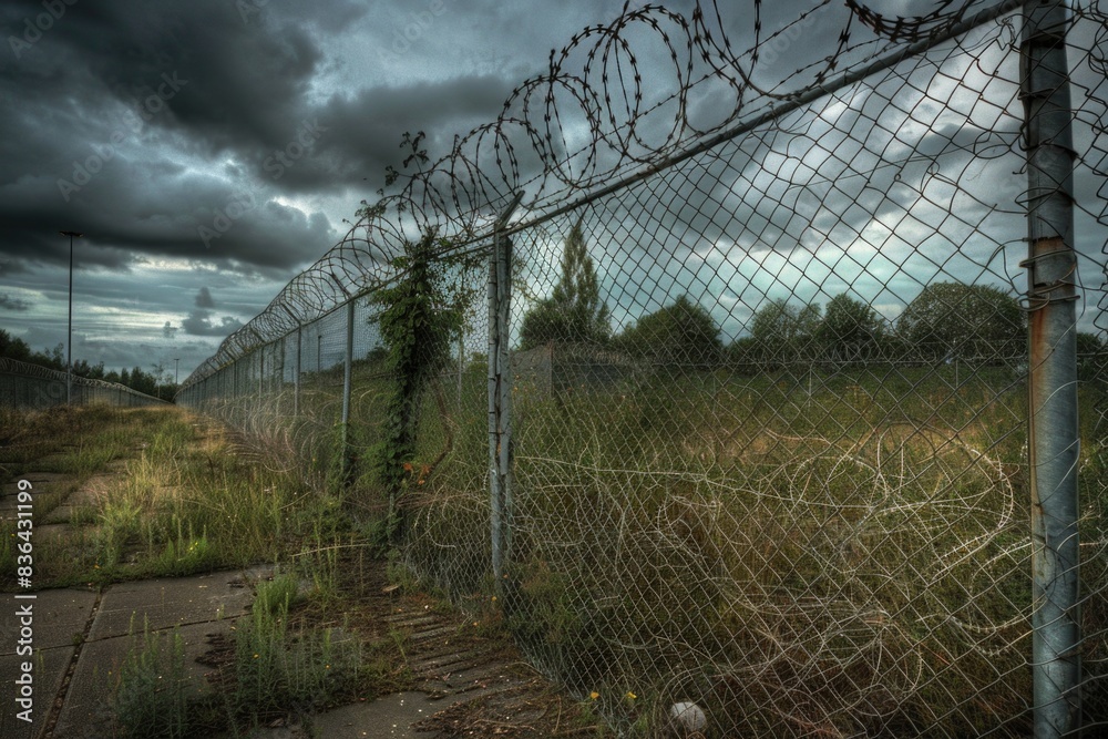 Poster a chain link fence with barbed wire surrounding it, often used for security or containment purposes
