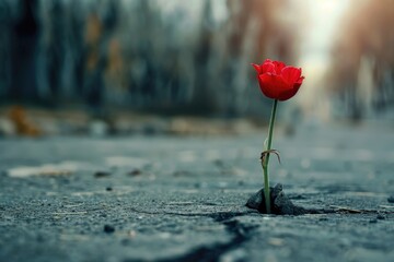 A small red flower grows out of a crack in the ground, surrounded by dry earth and debris