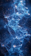 A large body of water surrounded by stars, ideal for night sky or nature concepts. The background is a dark blue defocused blurred motion abstract.