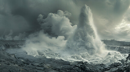 Naklejka premium A dramatic nature geyser erupting, sending steam and water high into the air, surrounded by rugged terrain
