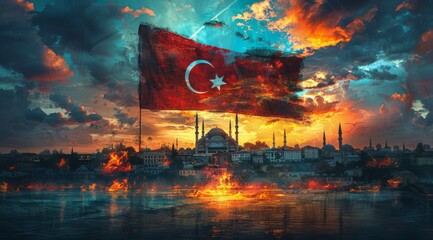 A Tattered Turkish Flag Waves at Sunset Over a Burning City