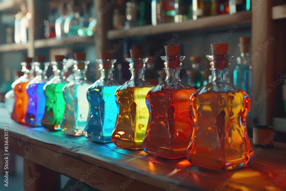 Poster a collection of glass bottles filled with various colored liquids, arranged in a row