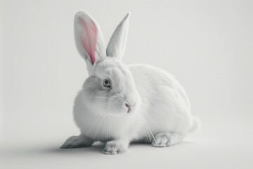 A cute white rabbit with bright pink ears sitting on a clean white surface