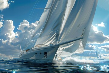 Obraz premium A large sailboat sailing through calm waters in the open ocean, with blue sky and sea