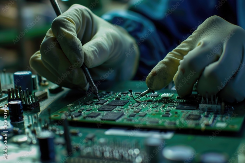 Poster Close-up shot of a person assembling electronic components on a circuit board