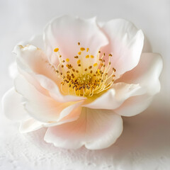 Obraz premium Intimate close-up of a pink rose with prominent stamens, showcasing its intricate details.