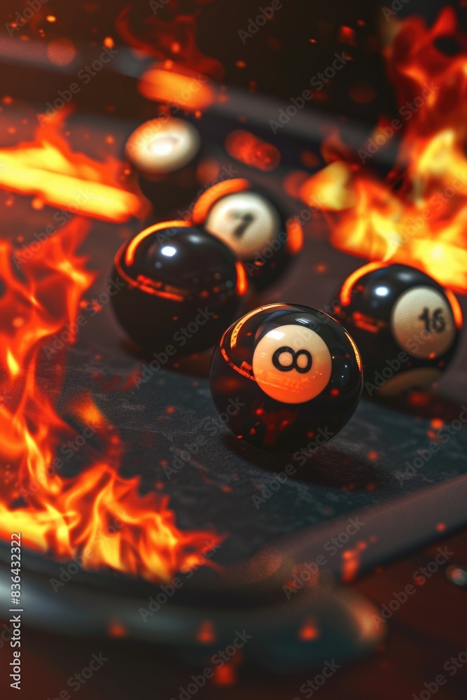 Poster a close-up shot of billiard balls on a table with flames burning in the background