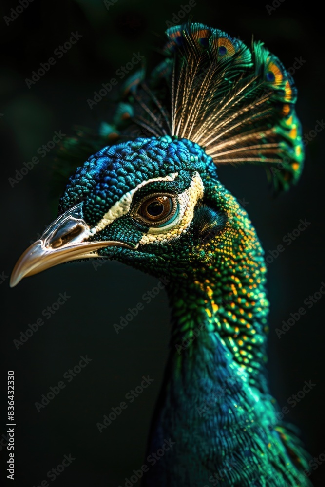 Poster a detailed view of a peacock's head with vibrant feathers on a dark background