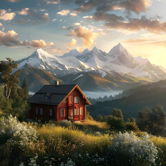 Fototapeta premium Isolated red cottage in a peaceful mountain landscape, evoking a sense of traditional Northern European charm.