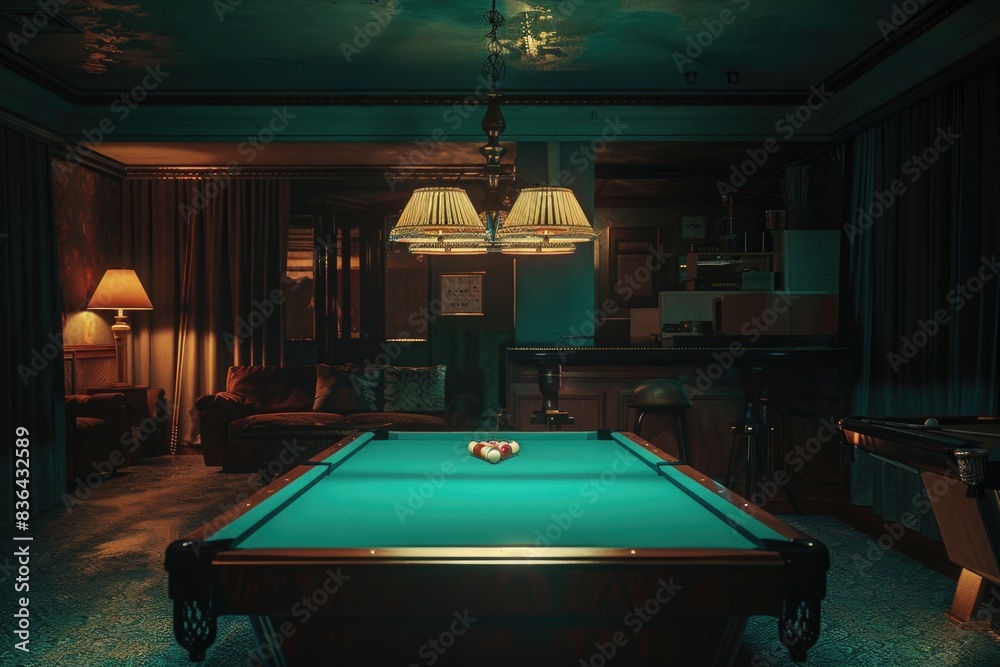 Poster a pool table set up in a dimly lit room, ready for game night