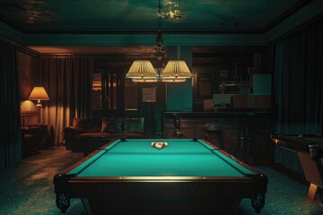 A pool table set up in a dimly lit room, ready for game night