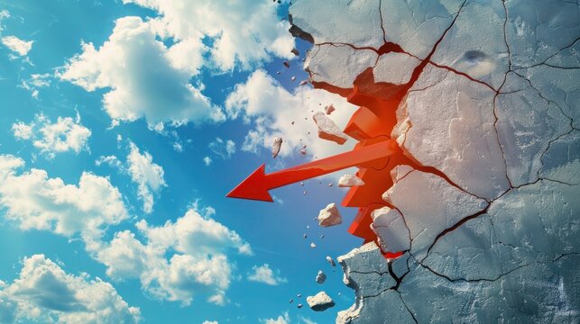 Breakthrough arrow with wall and blue sky. Success and breakthrough concept