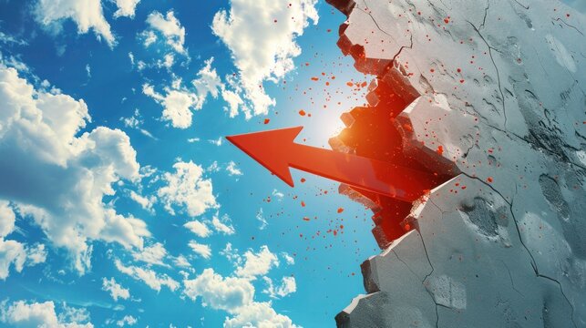 Breakthrough arrow with wall and blue sky. Success and breakthrough concept