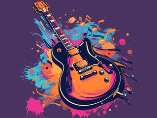 Guitar on grunge background with musical notes. Vector illustration.