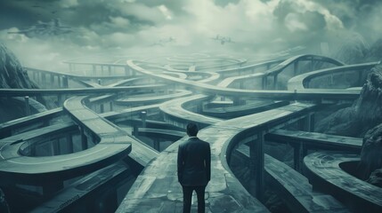 confused businessman thinking make decision on multiple route ahead, futuristic technology. make decision for career path or business growth concept