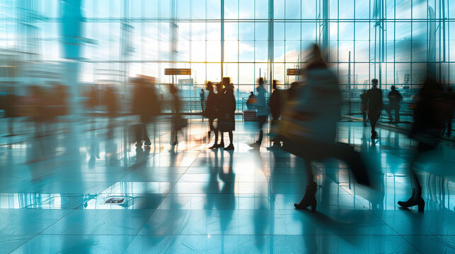 Sideview of crowd hallway on airport with blurred passengers walking in speed. Generative AI