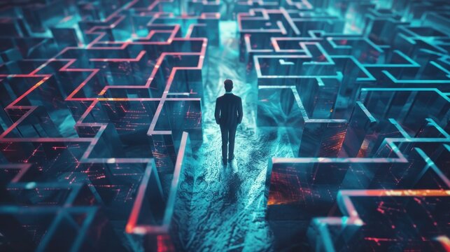 confused businessman thinking make decision on multiple route ahead, futuristic technology. make decision for career path or business growth concept