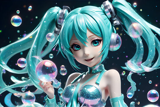 Garota de anime virtual futuristica com bolhas de sab&atilde;o