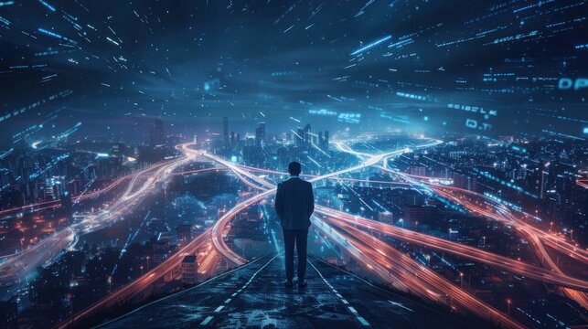 confused businessman thinking make decision on multiple route ahead, futuristic technology