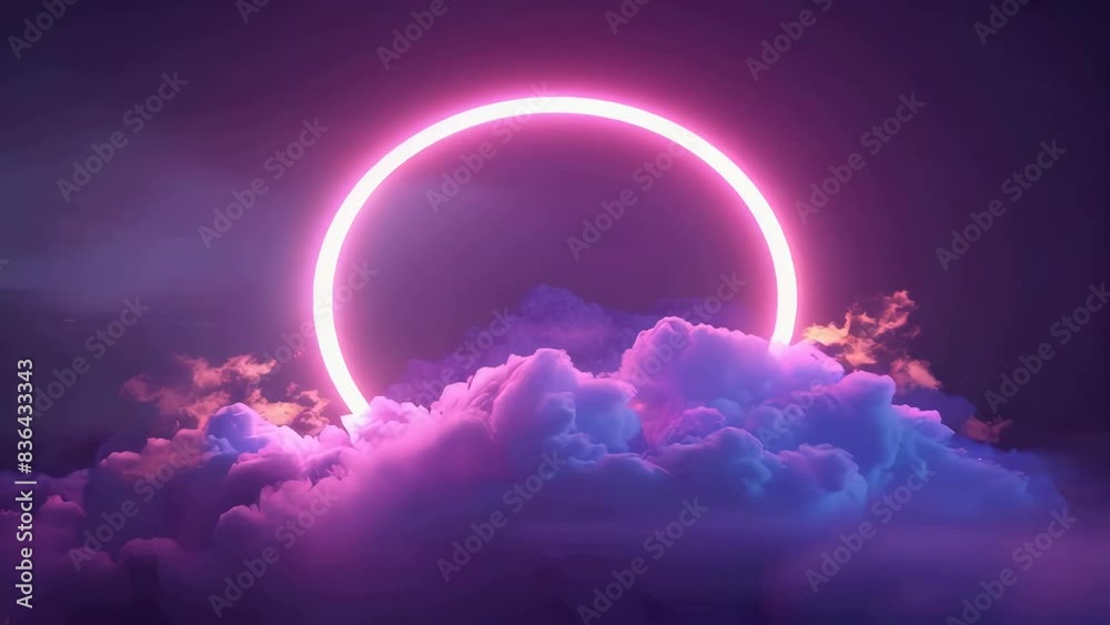 Poster a neon circle glowing in the cloudy sky, great for sci-fi or futuristic concepts.