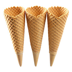 Three Empty Waffle Cones Isolated on Transparent Background