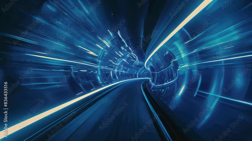 Poster a train moves through a dark tunnel, its lights illuminating the way.