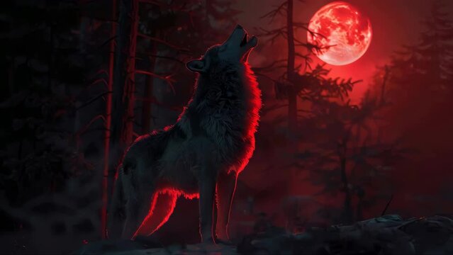 A wolf is howling at the moon in a dark forest.