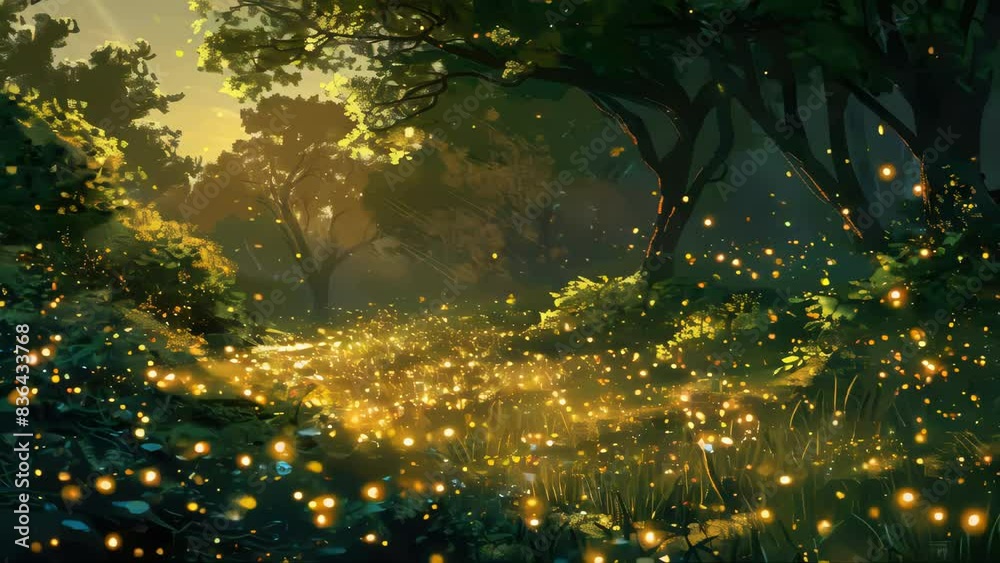 Poster A swarm of fireflies flying through a dense forest at night, their bioluminescent lights creating a mesmerizing display.