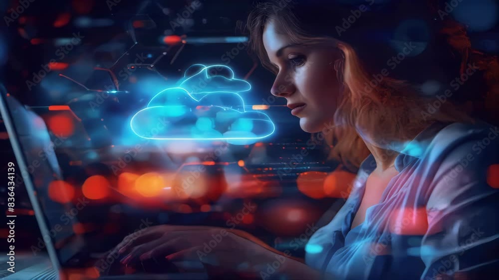 Poster a woman sits at a desk with a laptop open, surrounded by a soft glow emanating from the clouds above