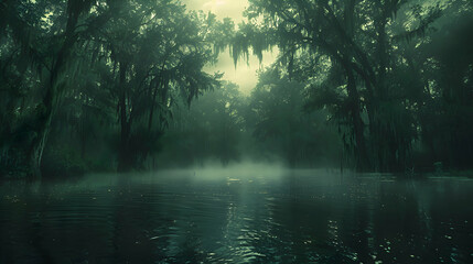 A mysterious nature bayou with tall cypress trees and hanging moss, the water dark and still