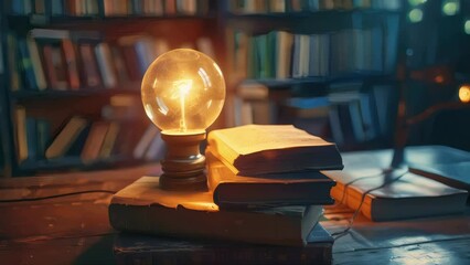 A single light bulb resting atop a stack of books, suitable for use in educational or inspirational settings.