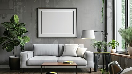 A living room with a template mockup poster empty white. Frame mockup, modern home interior background.