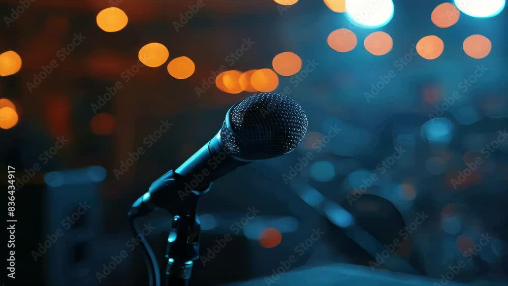 Aufkleber a microphone placed on a stand before a stage, ready for use.