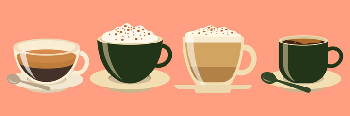 Hot and cold coffee beverage. Different types of drinks set. Espresso, americano cup, cappuccino and latte in paper mug, iced macchiato in glass. Flat vector illustrations isolated on white background