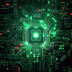 Fototapeta premium 3d render of glowing green circuit board, computer chip and microchips background. High tech digital technology concept
