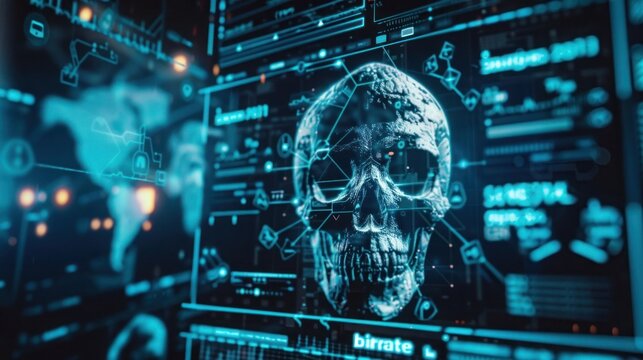 Cyber attack with skull symbol on screen for alert