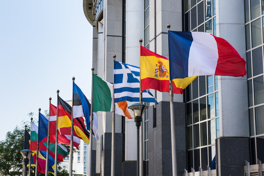Fluttering flags of the countries of the European Union in a row in Brussels, Belgium. Close up	