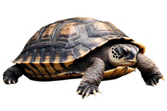 A solitary tortoise with textured shell, png, posed on a transparent white background for wildlife themes