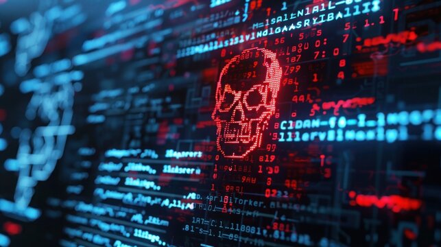 Cyber attack with skull symbol on screen for alert