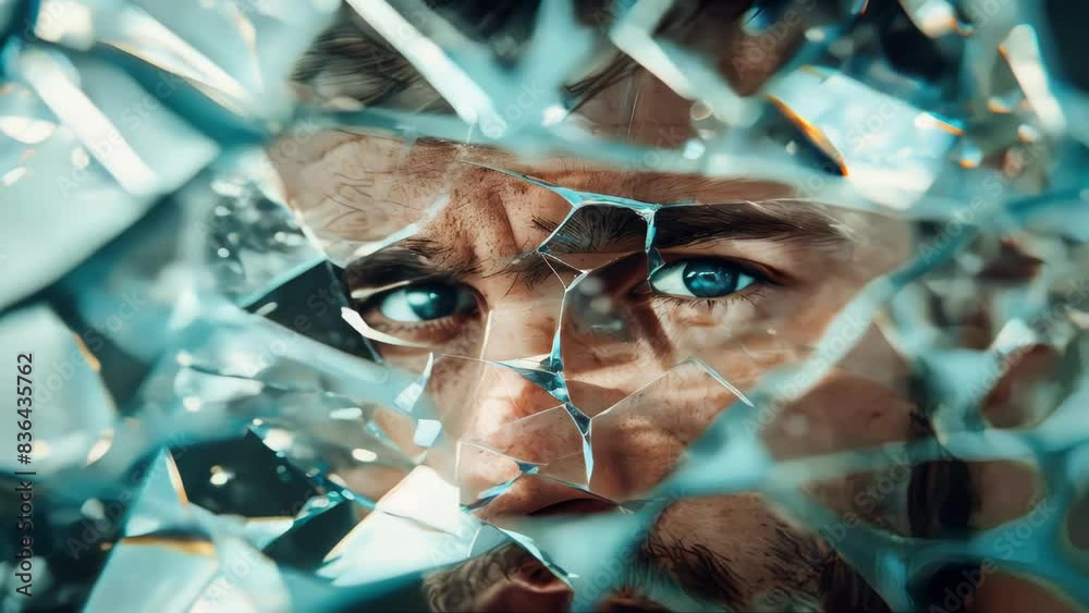 Poster A person investigating a damaged window with shards of glass scattered around.