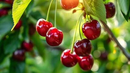 Juicy cherries hanging from green branches in the garden, closeup.