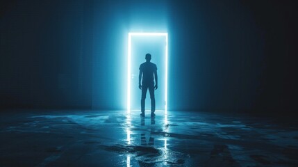 Shadowed figure standing before a glowing door symbolizing opportunities.