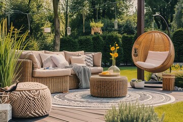 Naklejka premium Boho glam outdoor patio with rattan furniture and metallic accents.