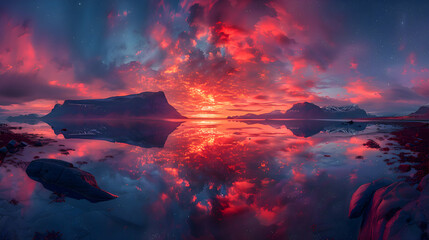 Fototapeta premium A nature bay during sunset, the sky ablaze with colors, and the water reflecting the hues