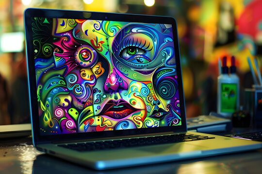 a vibrant laptop displaying colorful artwork, conveying creativity and inspiration. generative ai
