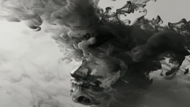 A close-up image of a man's face partially obscured by smoke.