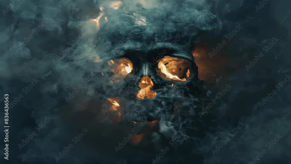 Poster close-up shot of a skull with smoke emanating from the mouth and nose.