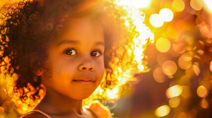 A little dark-skinned girl with curly hair smiling for a photo