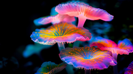 Tropical mushroom, alien planet neon, strange eccentric mushroom, amazing glowing mushroom on black background